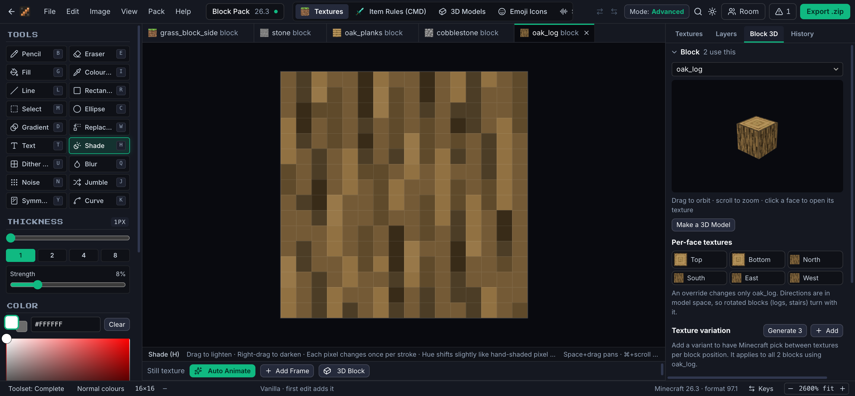 The Block inspector: a 3D oak log, per-face texture buttons, and texture variation controls.