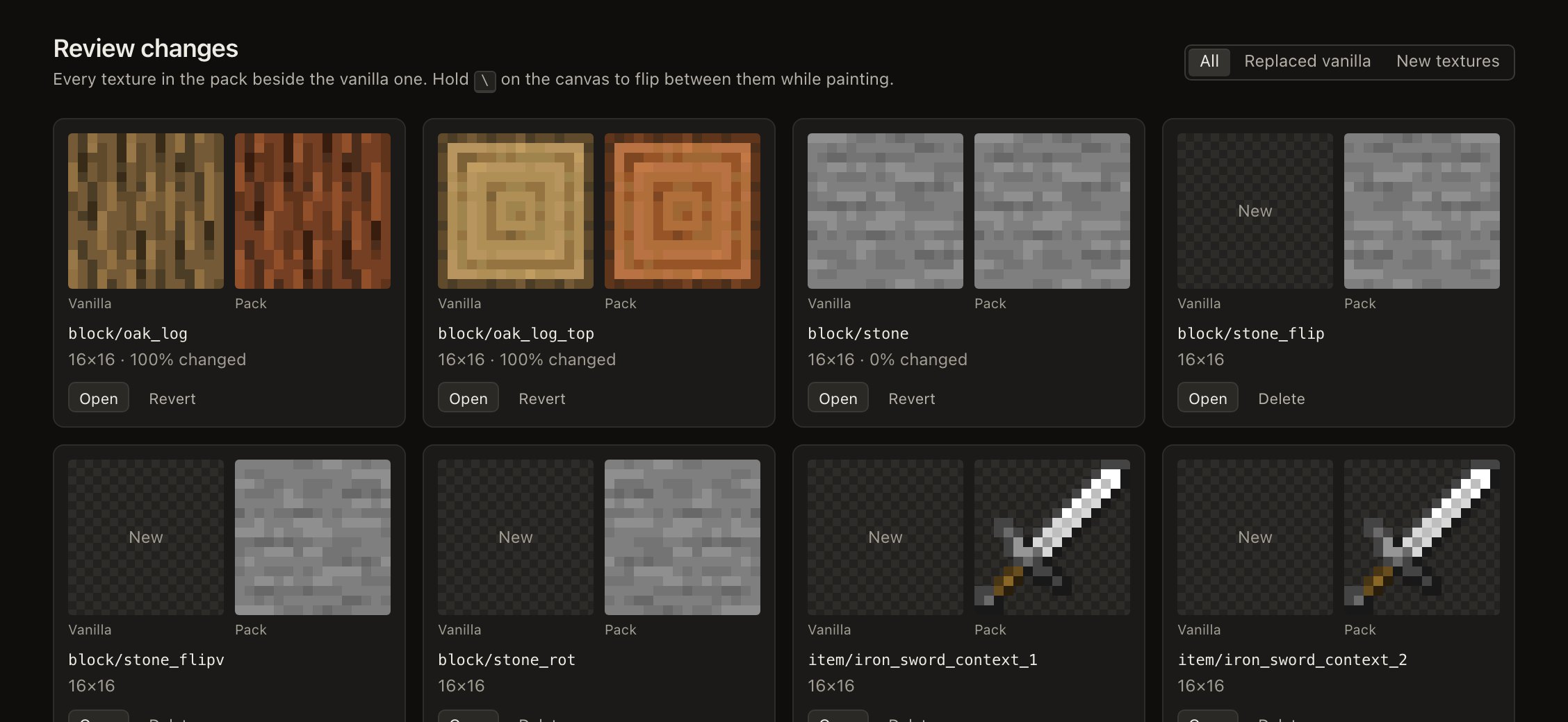 The review page with pack textures shown beside their vanilla versions.