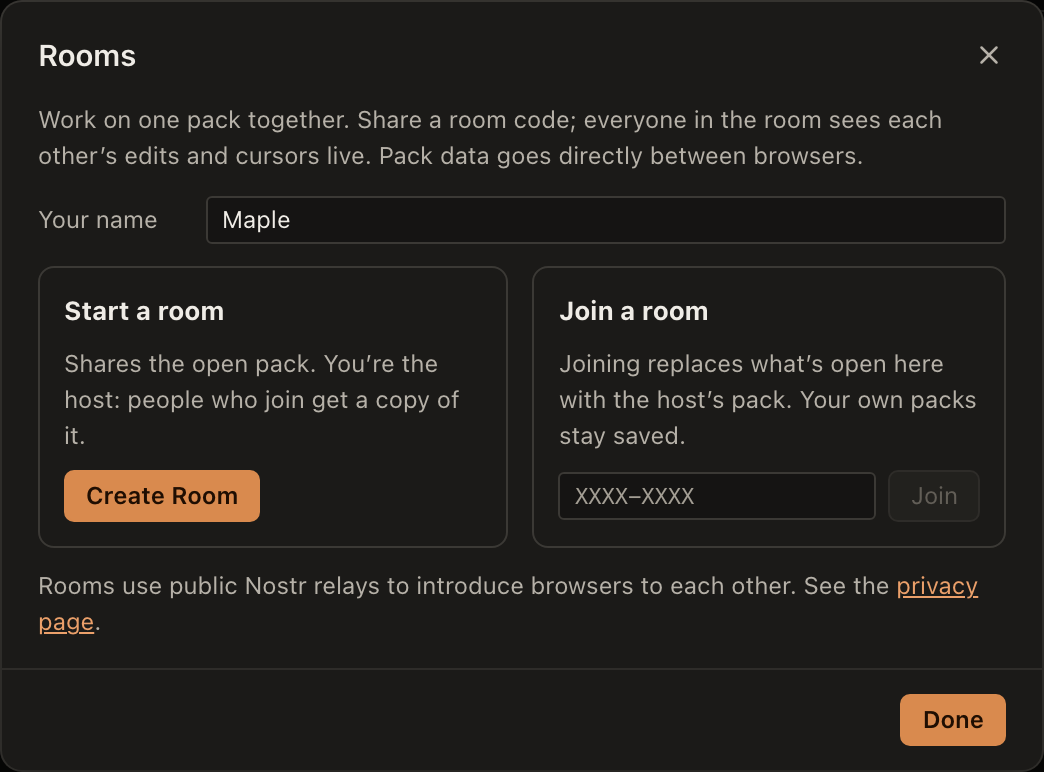 The Rooms dialog: start a room to share the open pack, or join one with an 8-character code.