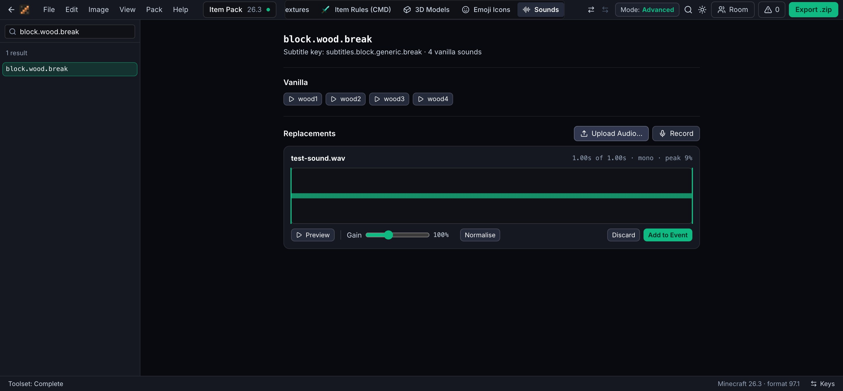The sound editor for block.wood.break, with four vanilla sounds to play and an uploaded replacement with gain and normalise controls.